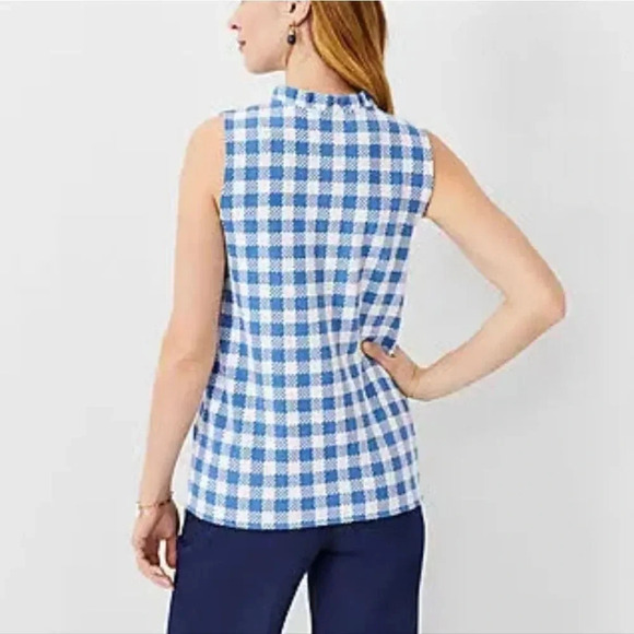 Ann Taylor, New, Blue & White Plaid Ruffle Neck Button Shell Knit Top Size XL - Picture 4 of 11